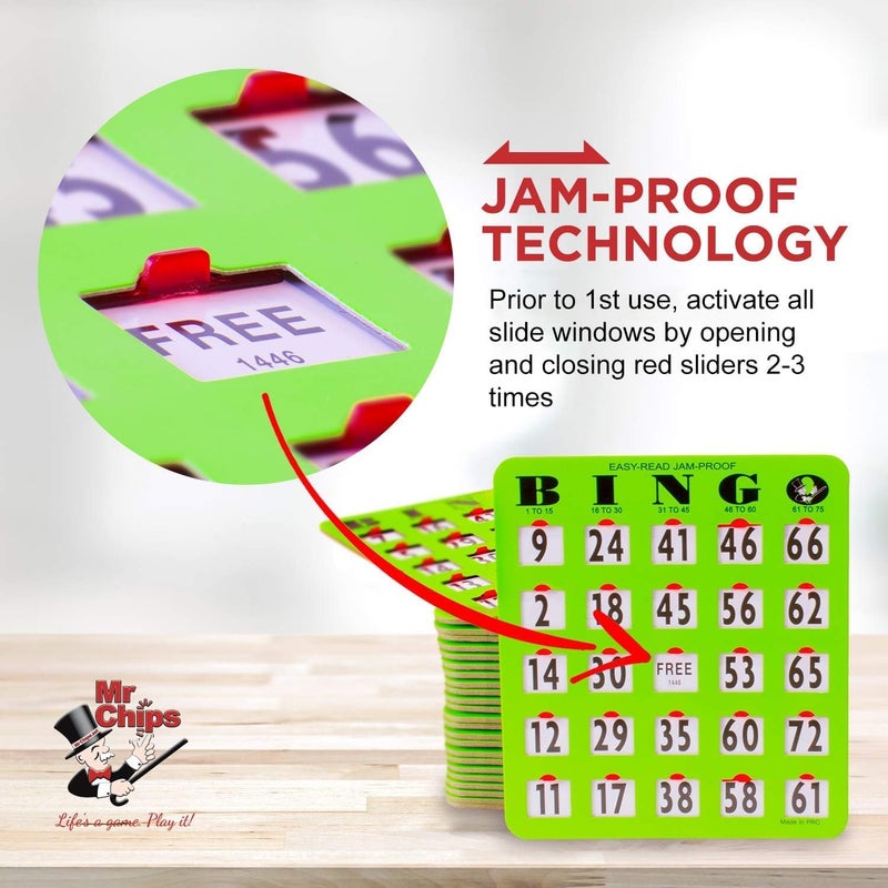 Mr Chips Jam-Proof Easy-Read Large Print Fingertip Bingo Cards with Sliding Windows 25 Pack in Green Style - Image 2